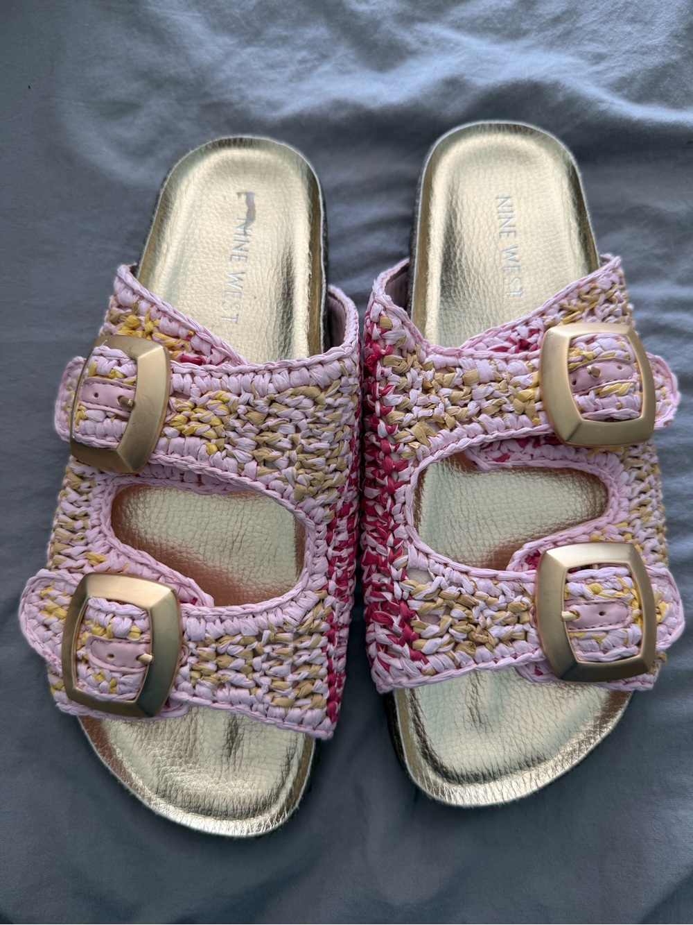 Nine West Pink & Cream Woven Slide Sandals with Gold Buckles